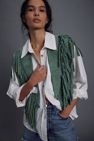Understated Leather Wide Eyes Suede Fringe Collar at Free People in Moss