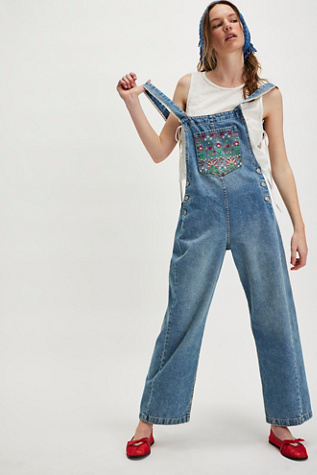 We The Free Sweet Pea Embroidered Overalls by Tricia Fix at Free People in Light Wash, Size: XS