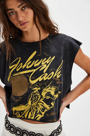 Johnny Cash Sunset Cropped Muscle Tee by Daydreamer at Free People in Black, Size: M