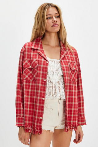 Found Raw-Cut Fringe Plaid Camp Shirt at Free People in Red, Size: S