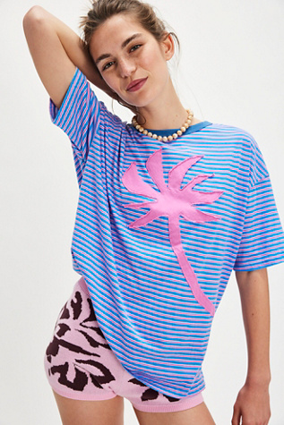 Striped Palm Applique Tee by Ragabond at Free People in Electric Blue, Size: Medium