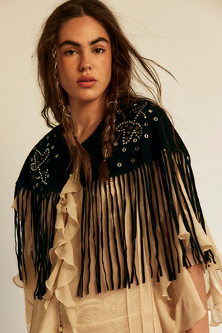 Lights Out Embellished Fringe Shawl at Free People in Black