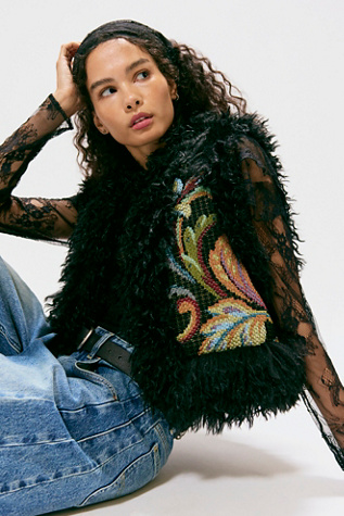 Veste sans manches Anna Sui en tapisserie avec garniture en fausse fourrure