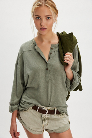 We The Free Cotton-Linen Henley Tee at Free People in Seagrass, Size: Small