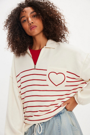 Heart Quarter-Zip Sweatshirt by Chaser at Free People in White, Size: XS