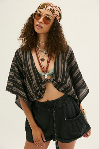 Stripe Linen Twist Front Poncho Jacket by Free People in Brown