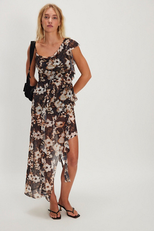 ESTHE Waterfall Frill Asymmetric Midi Dress at Free People in Brown, Size: XS