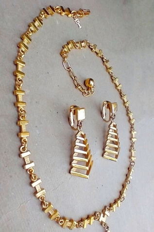 1960's Crown Trifari Gold Plated Necklace Earrings Set Selected by Garbage Soup