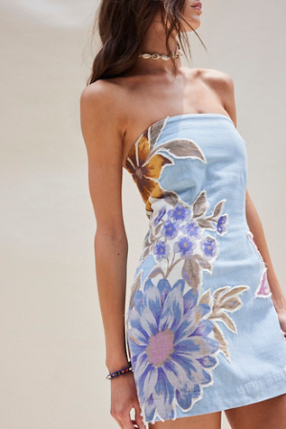 Flower Patch Denim Mini Dress by Free People in Blue, Size: US 6