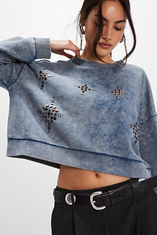 OneTeaspoon Cropped Star Studded Sweater at Free People in Blue Acid, Size: Medium