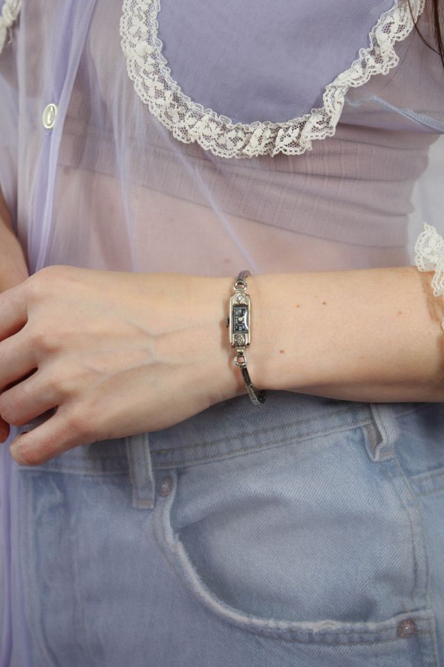 Vintage 14K White Gold Art Deco Diamond Stretchy Band Watch Selected By Moons + Junes Vintage #1