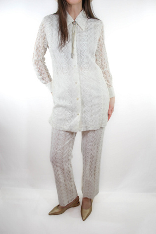 1960s White Lace Two Piece Dress Pant Suit Set Selected By Moons + Junes Vintage