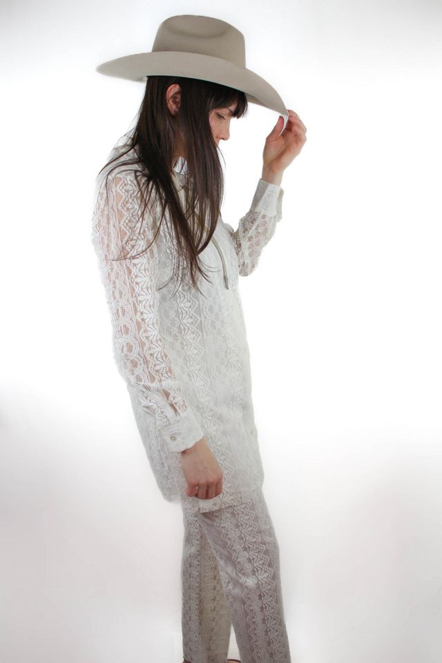 1960s White Lace Two Piece Dress Pant Suit Set Selected By Moons + Junes Vintage #1