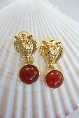 Vintage Carnelian Lion Head Gold Art Deco Earrings Selected By Moons + Junes Vintage