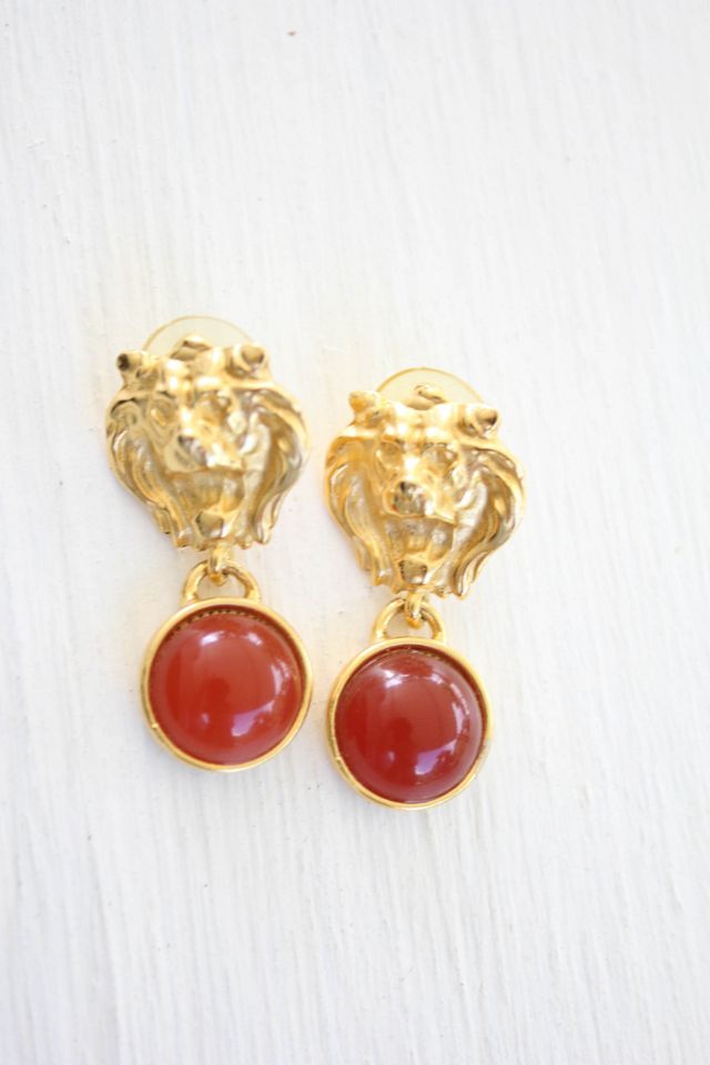 Vintage Carnelian Lion Head Gold Art Deco Earrings Selected By Moons + Junes Vintage #1