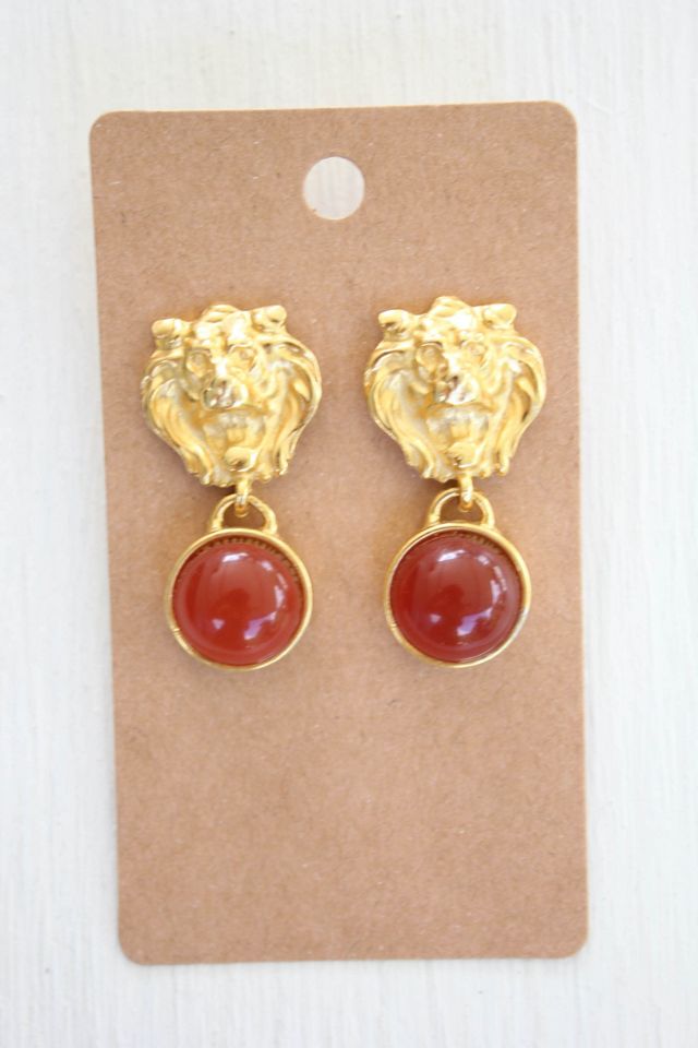 Vintage Carnelian Lion Head Gold Art Deco Earrings Selected By Moons + Junes Vintage #3