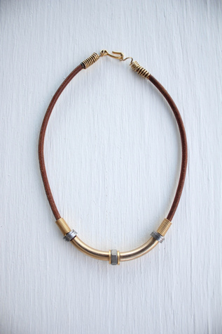 Vintage Brass Bolted Leather Upcycled Necklace Selected By Moons + Junes Vintage