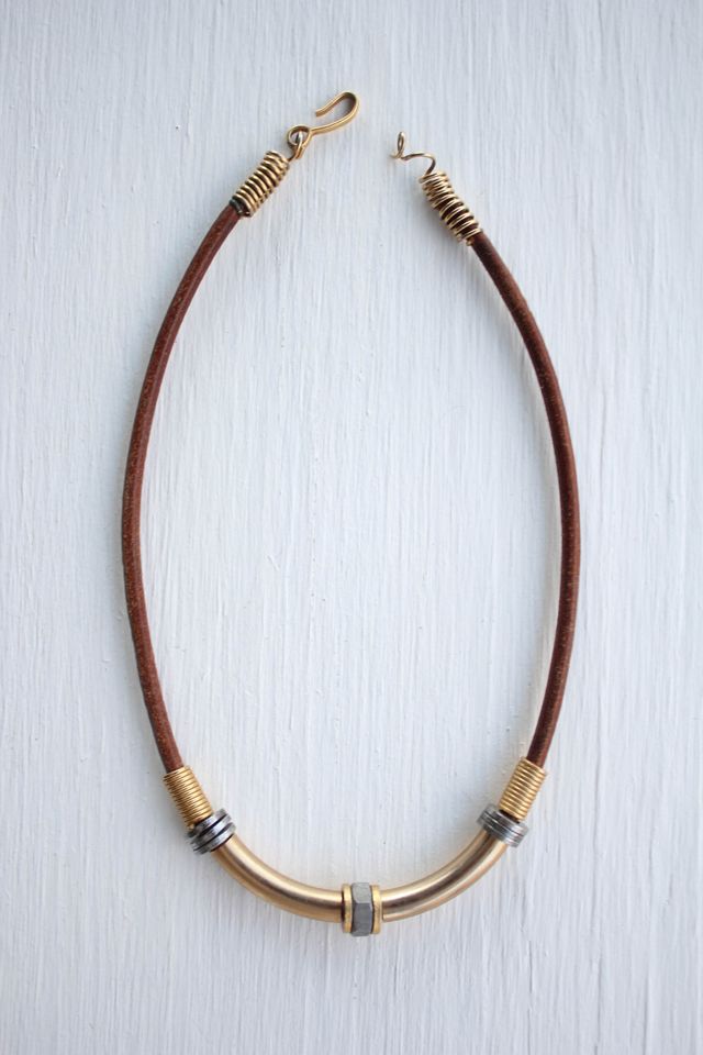 Vintage Brass Bolted Leather Upcycled Necklace Selected By Moons + Junes Vintage #2