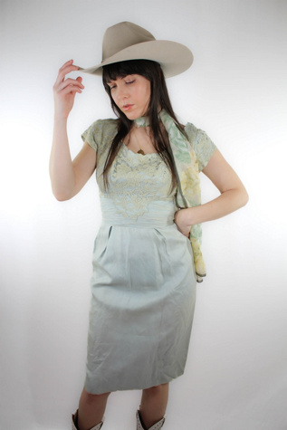 1930s Off The Shoulder Chiffon Lace Fitted Midi Dress Selected By Moons + Junes Vintage
