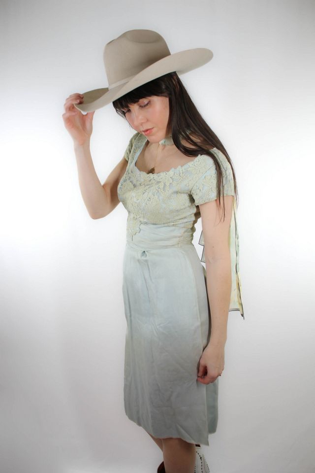 1930s Off The Shoulder Chiffon Lace Fitted Midi Dress Selected By Moons + Junes Vintage #2