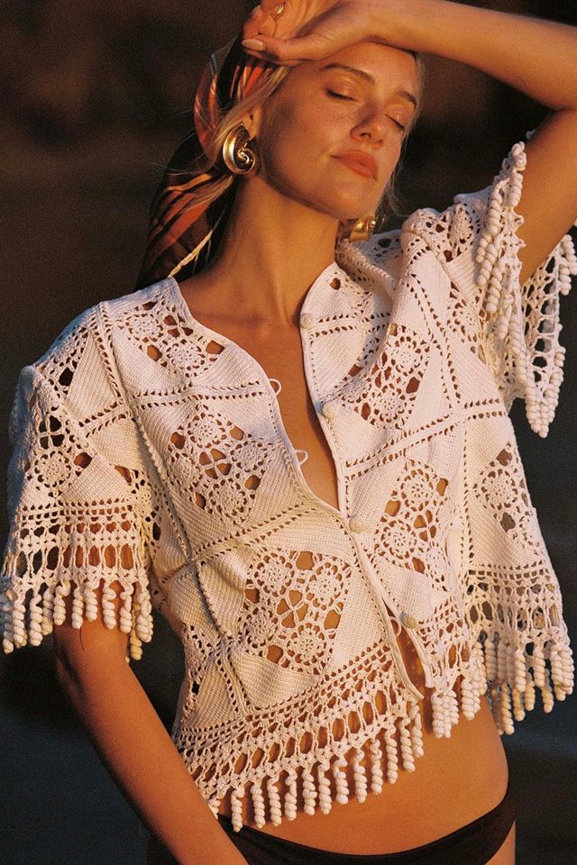 Crochet Short Sleeve Fringe Shirt Selected by Madly Vintage | Free