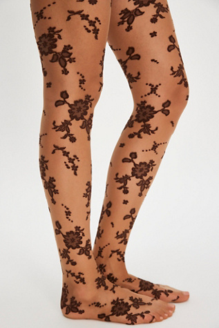 Леггинсы Flocked Tights, цветочный принт — Free People, цвет: Тёмно-коричневый комбинированный — фото 4