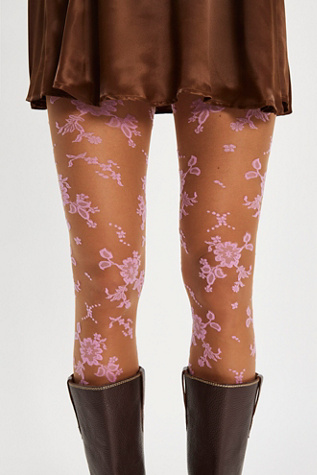 Flocked Floral Tights at Free People in Pink Combo, Size: M/L