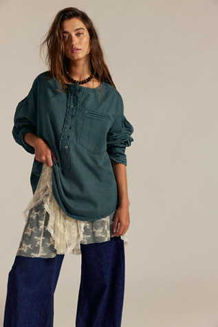 We The Free Denim Dreaming Railroad Stripe Pullover at Free People in Green, Size: XS