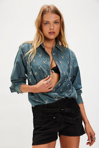 Denim and Bone Starstitch Denim Shirt at Free People in Blue, Size: M