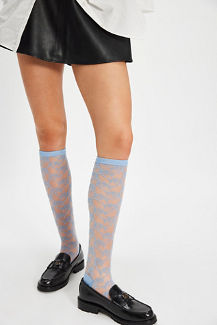 Amour Lace Knee High Socks by Free People in Blue