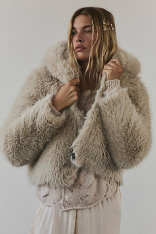Louder Please Hooded Faux Fur Jacket at Free People in Almond Flour, Size: Large