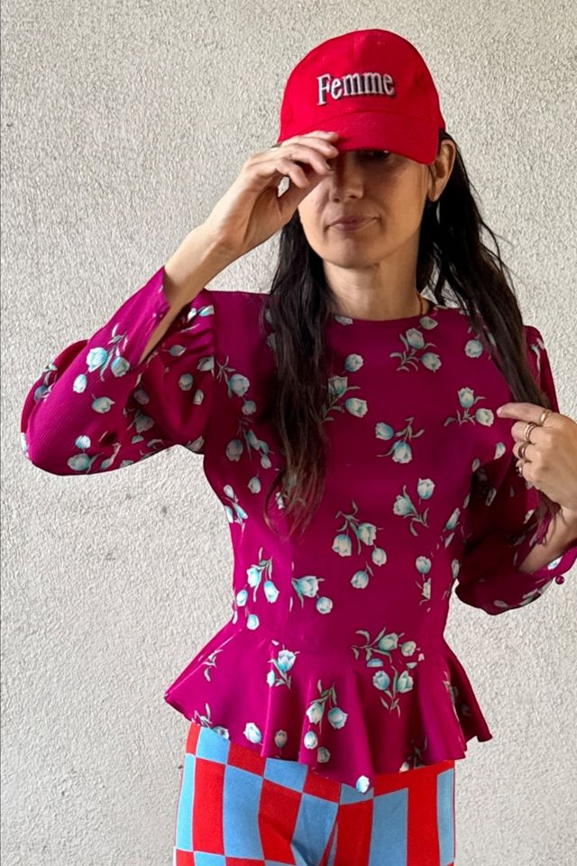 1980s Ungaro Tulip Print Button Back Peplum Top Selected by Personal Choice #1