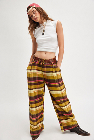 Buckle Back Plaid Trousers by Free People in Brown, Size: US 12