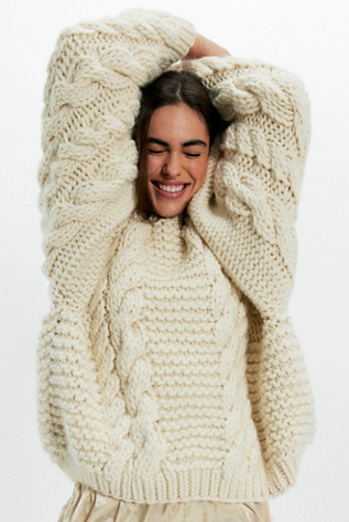 Mr Mittens T Sleeve Cable Knit Wool Sweater at Free People in White