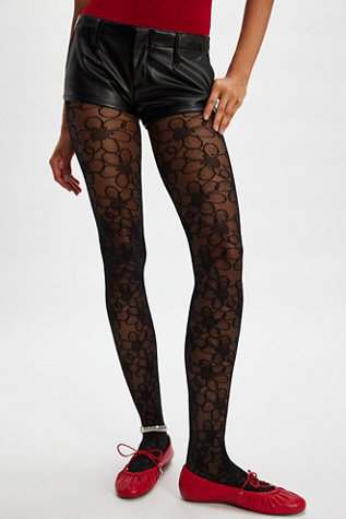 Maja Floral Tights by Swedish Stockings at Free People in Black, Size: S