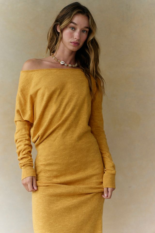 Hollis Asymmetric Neck Sweater Midi Dress by free-est at Free People in Yellow, Size: S