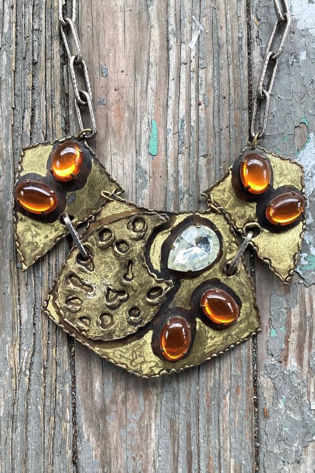 Vintage 1980s Brutalist Brass Plate and Stone Necklace Selected by Cherry #1