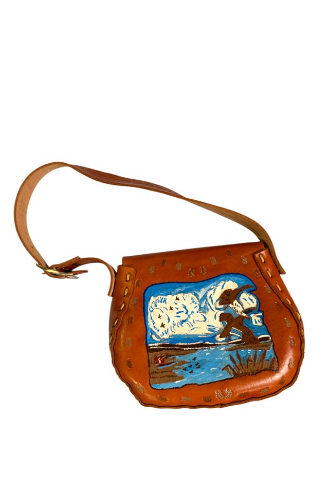 Vintage 1970s Hand Painted Leather Tooled Shoulder Bag Selected by SharpLilTeeth #1