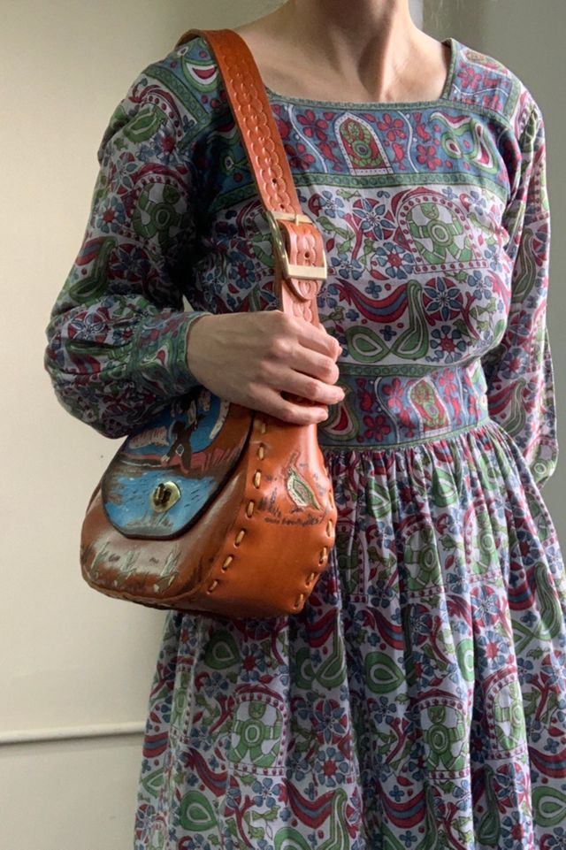 Vintage 1970s Hand Painted Leather Tooled Shoulder Bag Selected by SharpLilTeeth #3
