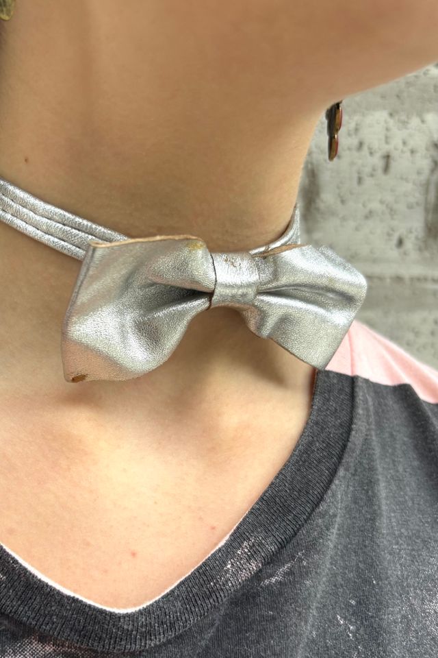 1970’s Silver Metallic Leather Disco Bow Tie Selected by Nomad Vintage #1
