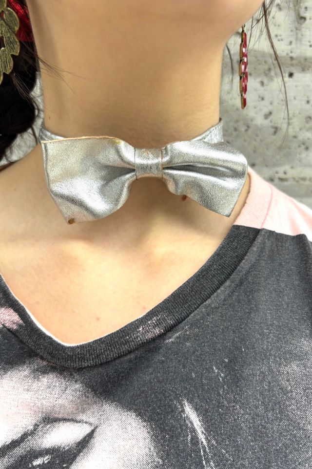 1970’s Silver Metallic Leather Disco Bow Tie Selected by Nomad Vintage #3