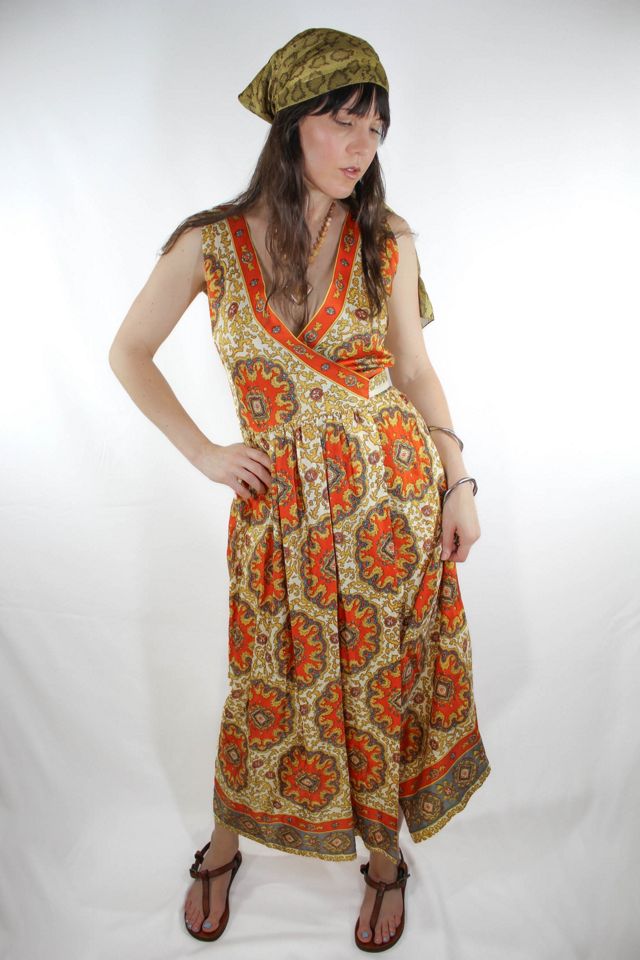 1960s Bohemian Printed Silky Wrap Maxi Dress Selected By Moons + Junes Vintage #1