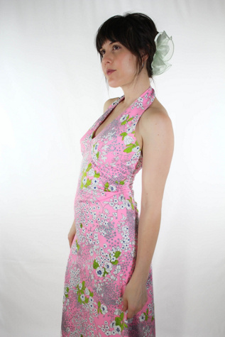1960s Handmade Pink Floral Fitted Halter Dress Selected By Moons + Junes Vintage