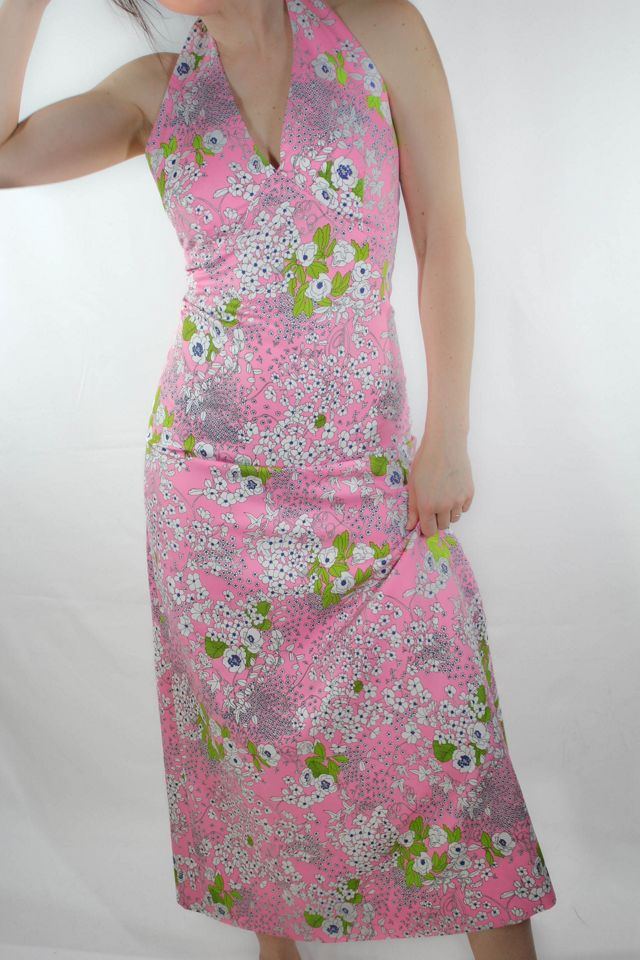 1960s Handmade Pink Floral Fitted Halter Dress Selected By Moons + Junes Vintage #1