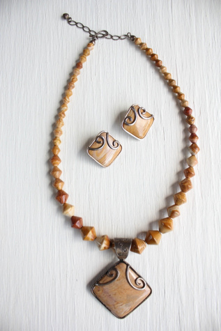 Vintage Jasper Stone Necklace + Earring Set Selected By Moons + Junes Vintage