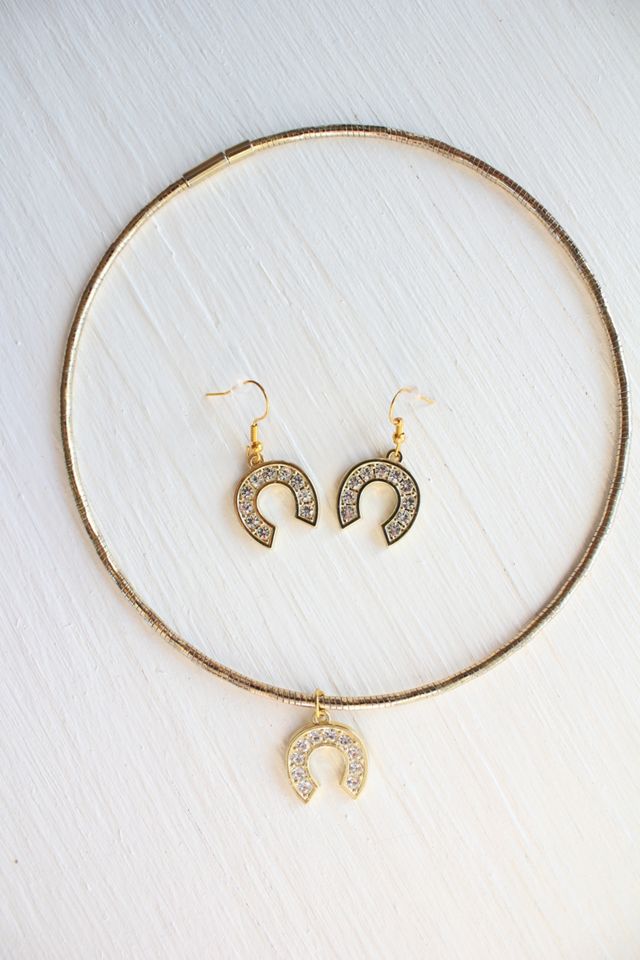 Upcycled Rhinestone Horseshoe Necklace + Earring Set Selected By Moons + Junes Vintage #1