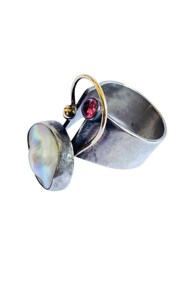Vintage 80's Artisan Modernist Sterling Pearl Ring Selected by FernMercantile #2