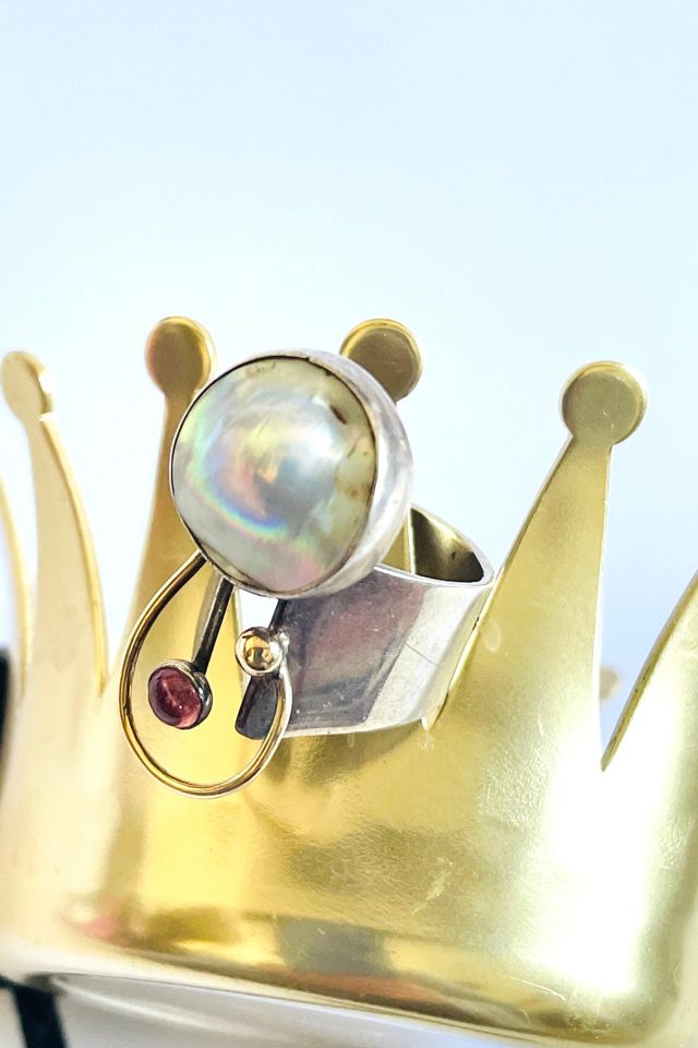 Vintage 80's Artisan Modernist Sterling Pearl Ring Selected by FernMercantile #3