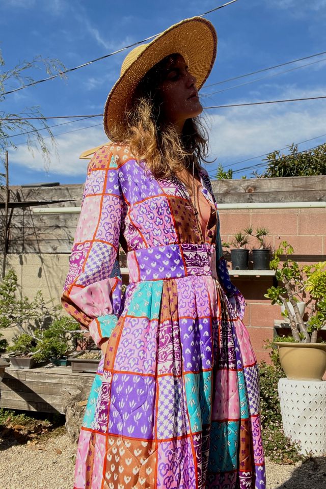 1960s Quilted Rayon Patchwork Printed Day Dress With Pockets #1