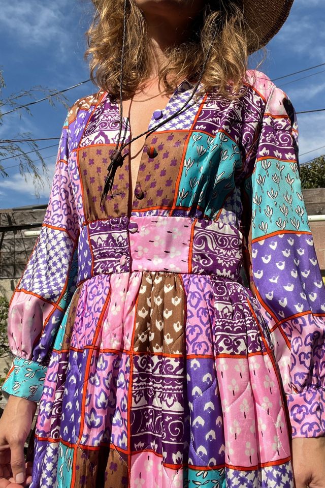 1960s Quilted Rayon Patchwork Printed Day Dress With Pockets #3